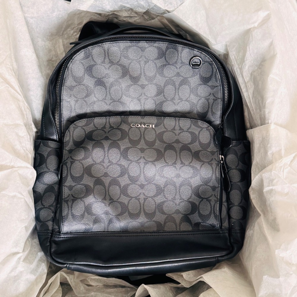 Coach West Backpack Signature Canvas Charcoal Black Leather C2835 Mens Bag
